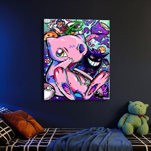 Reviewer's vibrant Renni Mew Wall Art mounted on a dark wall in their gaming room.