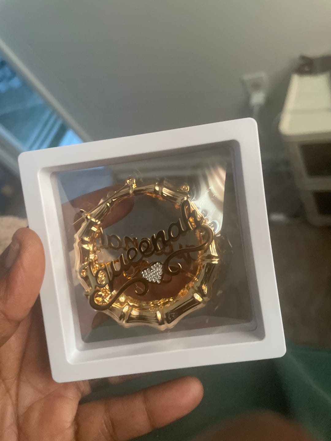 Customer photo review of Heart Name Bamboo Hoop Earrings