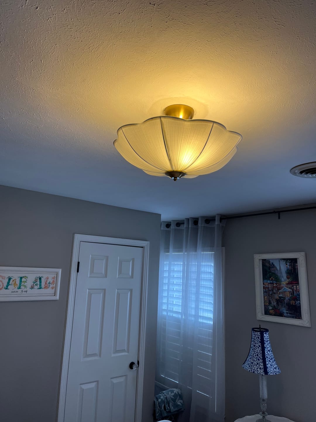 Customer photo review of Boho Pleated Flower White Fabric Semi Flush Mount