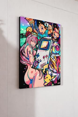 Customer's vibrant Game Room Madness Wall Art on a wall. The canvas shows a colorful collage of anime and gaming characters.