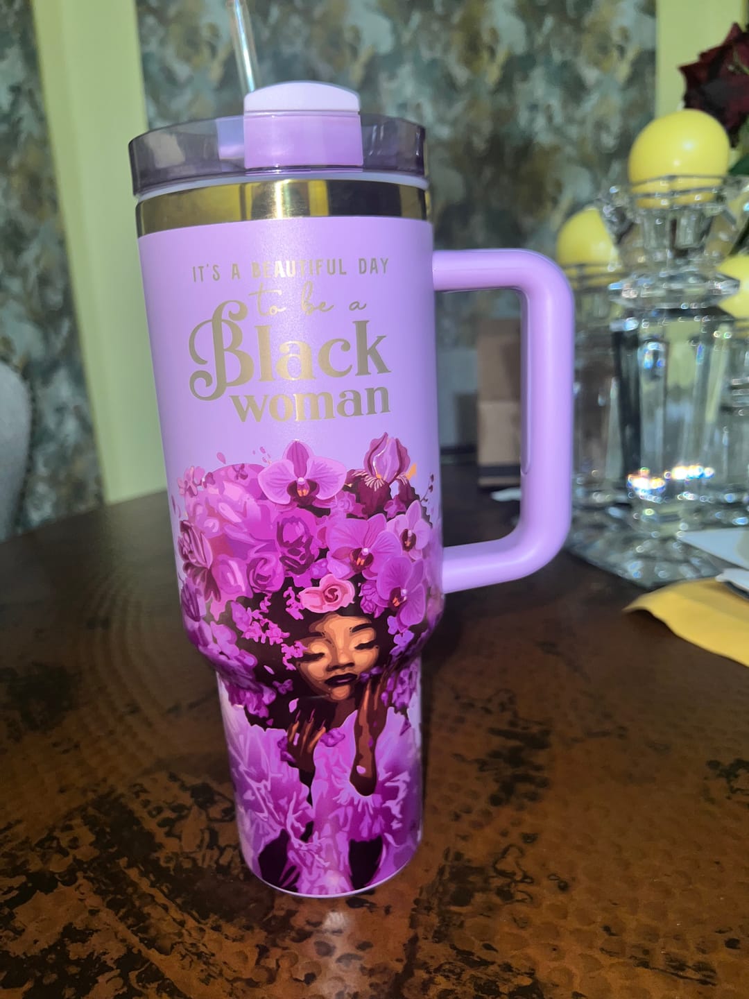 Customer photo review of Orchid Purple “Royalty Blossomed” Insulated Tumbler – "It’s a Beautiful Day to be a Black Woman"