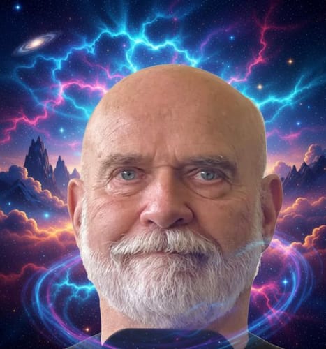 Reviewer portrait for Blue in Blue out. A close-up of the man's face and skin set against a vibrant, stylized cosmic background.