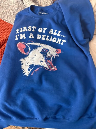 Customer's blue 'First Of All I'm A Delight Sweatshirt' with a hissing opossum graphic, laid flat on a bed.