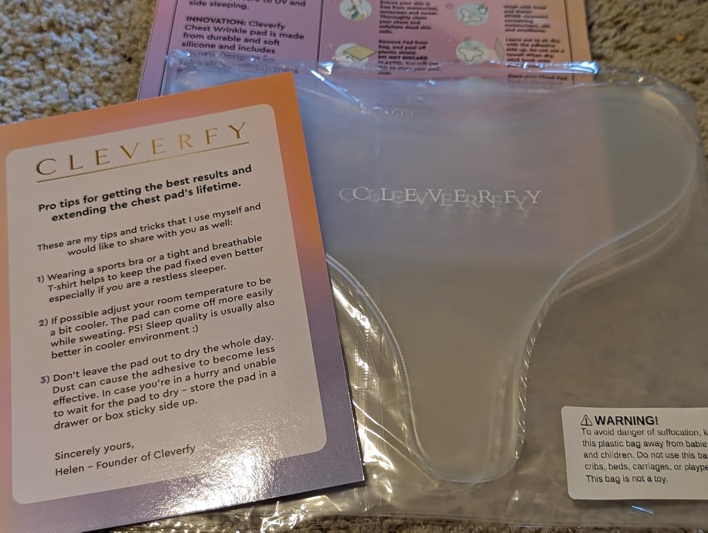 Customer photo review of Cleverfy Anti-Wrinkle Silicone Chest Pads | 4 Pack T-shape