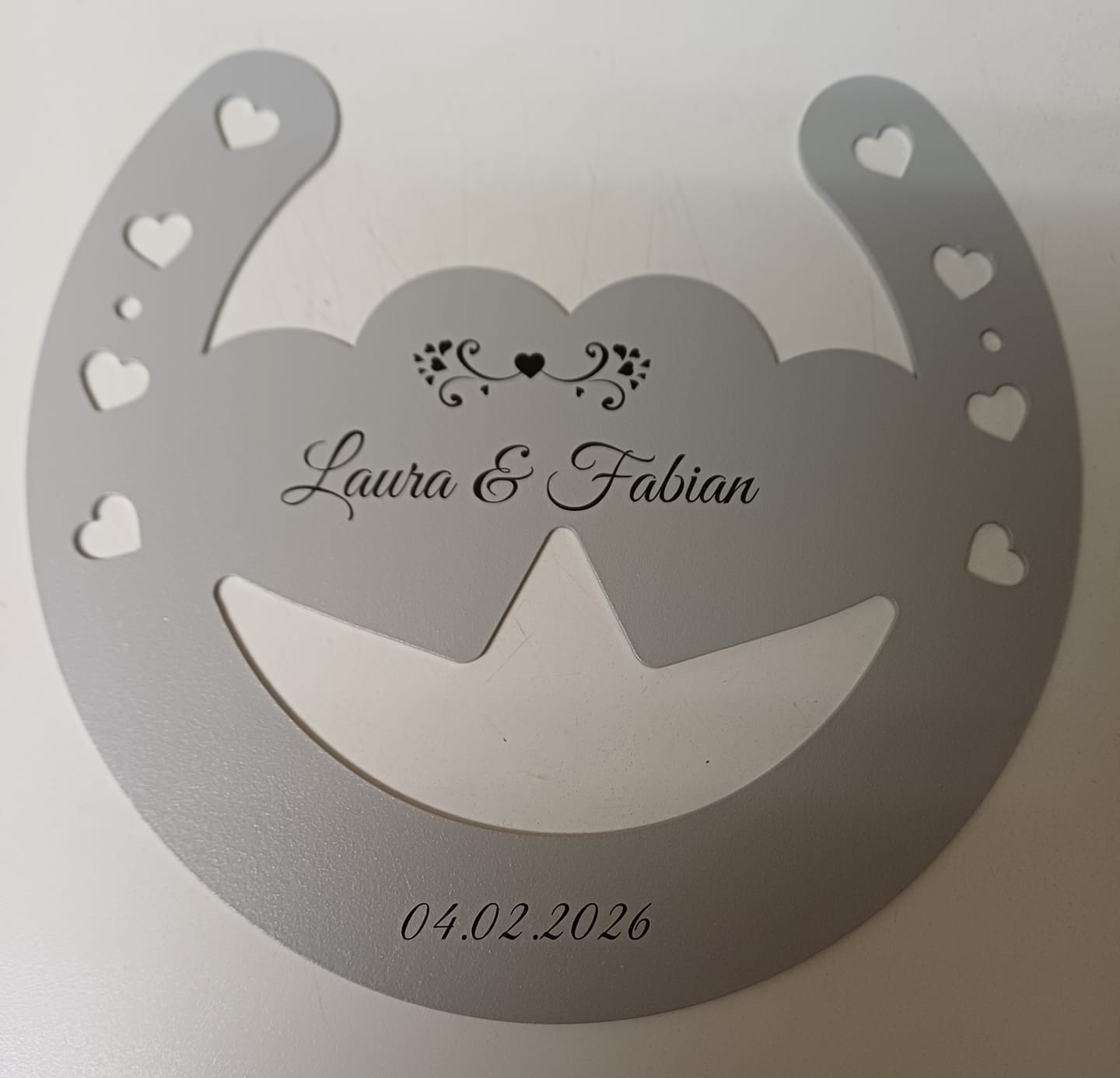 Customer photo review of Glückshufeisen aus edlem Stahl noble Design (personalisierbar) - ausgefallenes Hochzeitsgeschenk