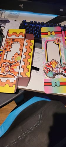 Customer's two colorful, illustrated Logo Packaging replacement boxes on a desk.