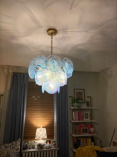 Customer photo review of Glam Blue Iridescent Swirl Glass Round Tiered Chandelier