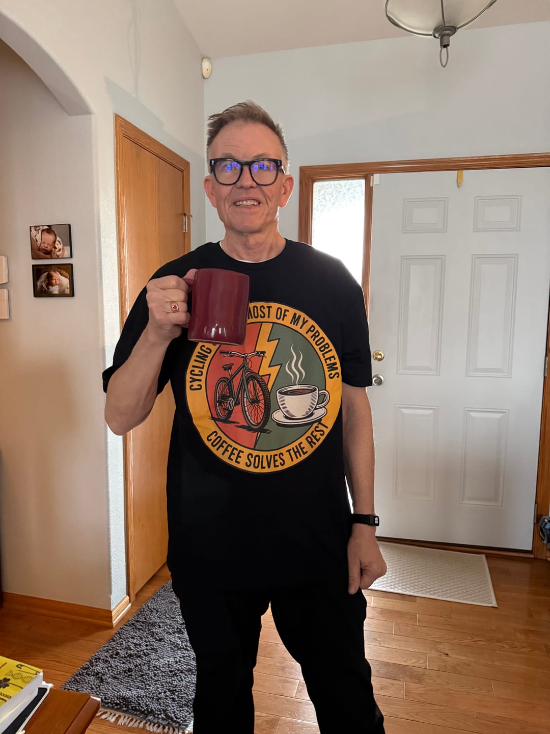 Customer photo review of Cycling and Coffee T-Shirt