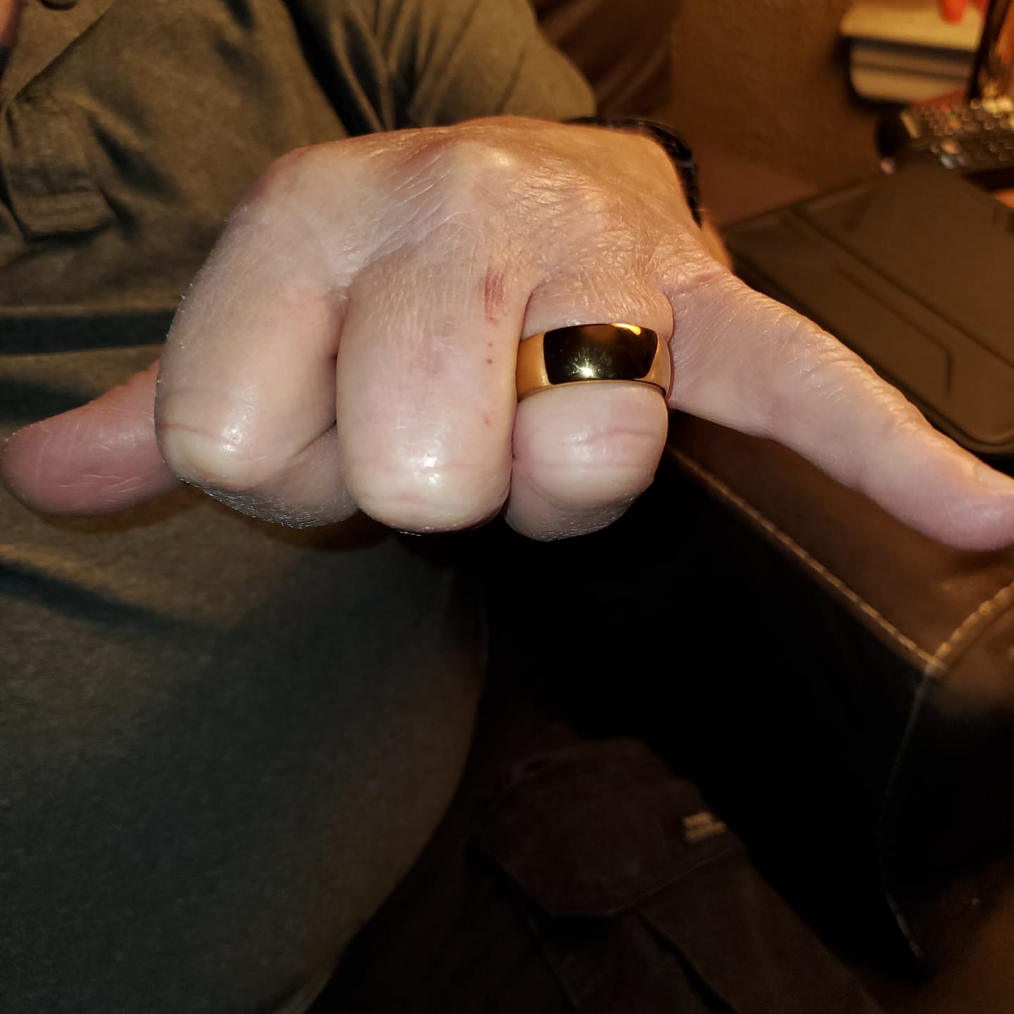 Customer photo review of 9mm - 14k Yellow Gold Tungsten Wedding Band, High Polish Dome Shape, Anniversary Ring