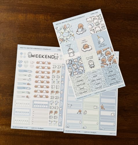 Reviewer's close-up of planner sticker sheets from the Arctic Winter Sticker Set, showing functional boxes and shiny foil details.