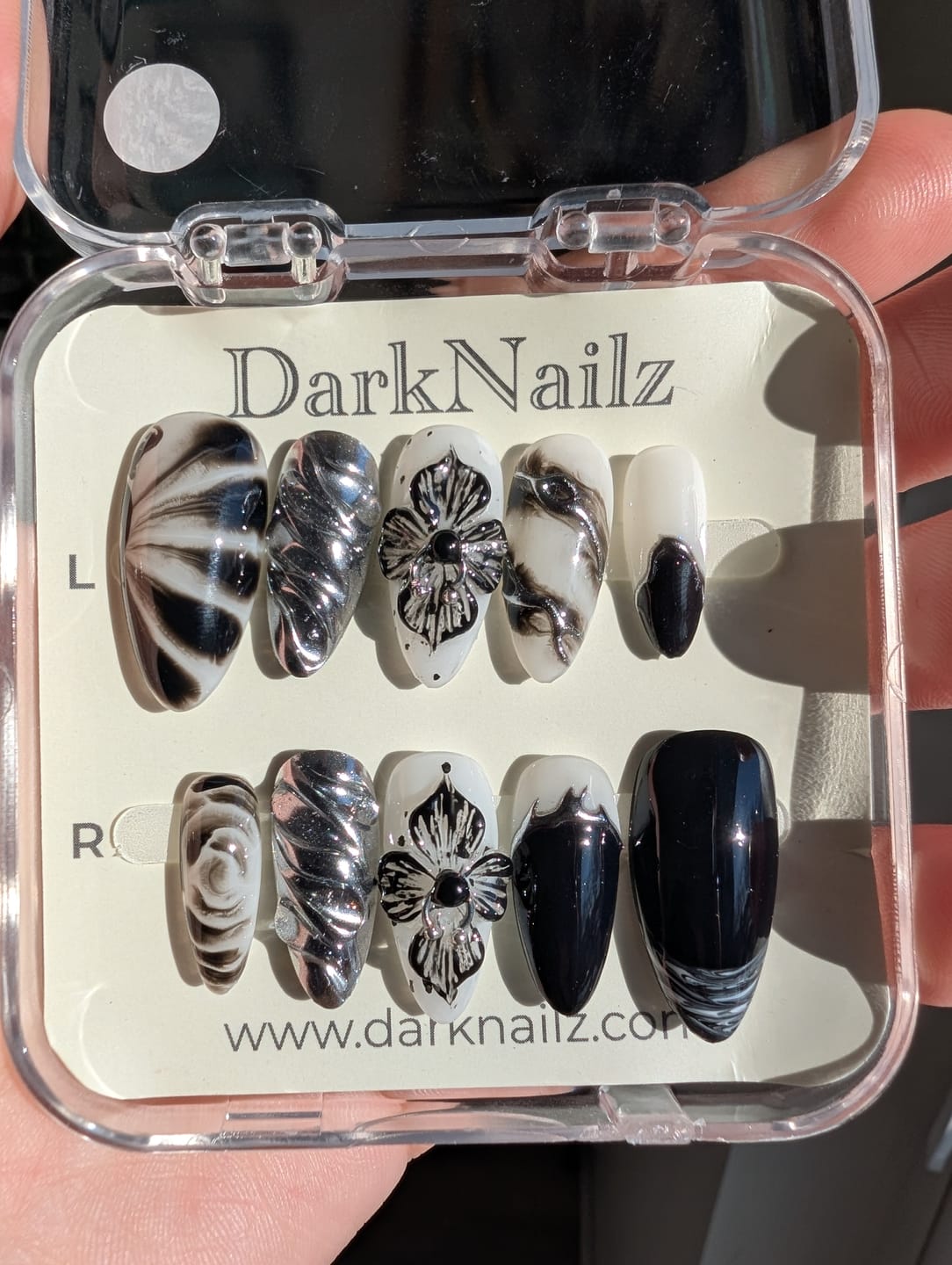 Customer photo review of Black Orchids Press On Nails, Gothic Punk Rock Nails, Goth Y2K Trending Press On Nails