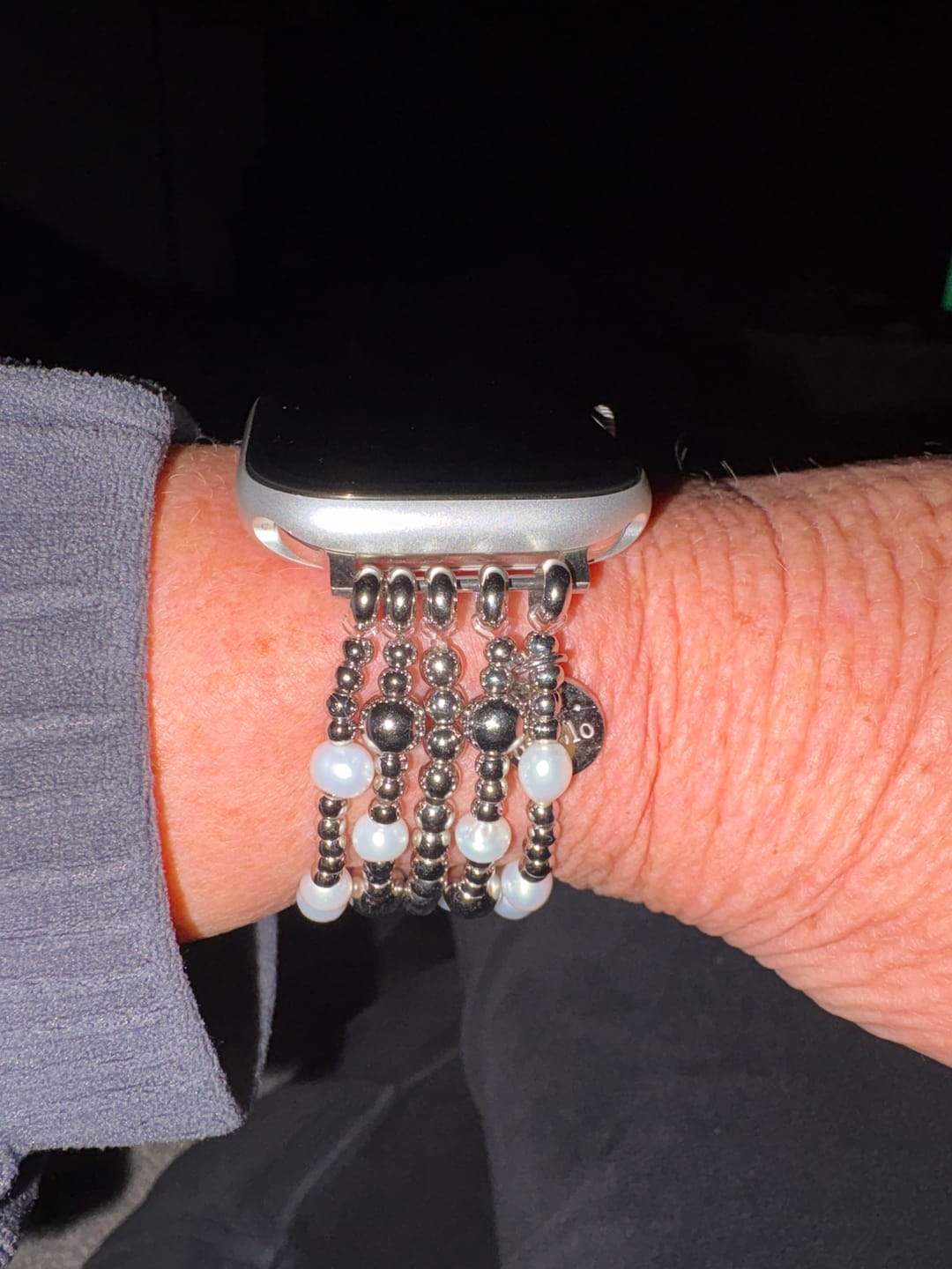 Customer photo review of Shimmering Pearl Stretch Apple Watch Strap