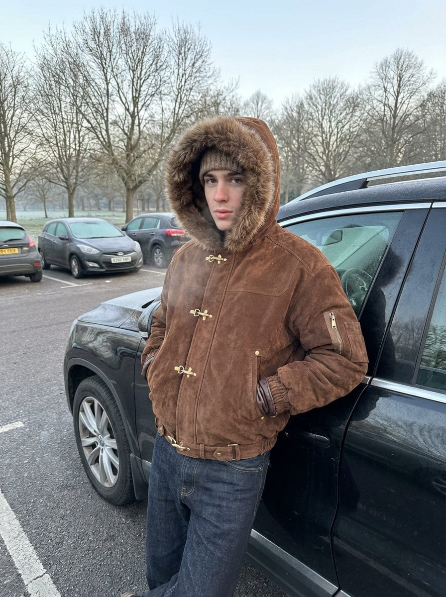 Customer photo review of Streetwear Metal Clip Faux Fur Hooded Suede Bomber Jacket - 2597