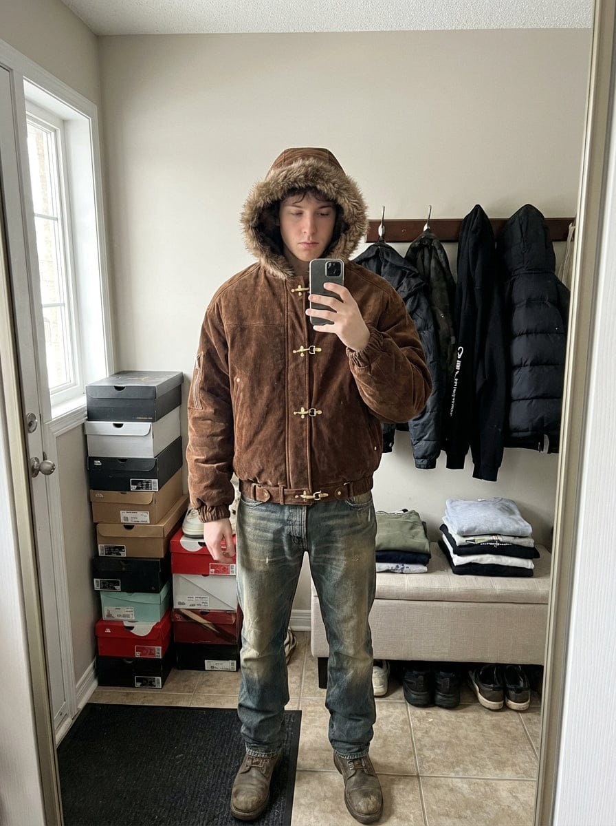 Customer photo review of Streetwear Metal Clip Faux Fur Hooded Suede Bomber Jacket - 2597