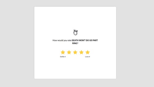 Customer's screenshot showing a five-star rating for the DEATH WON'T DO US PART RING.