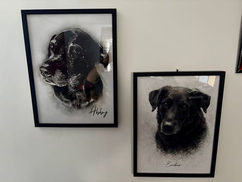 Customer's two Personalized Pet Drawing Style Portrait Prints of their dogs, Abby and Ember, in black frames on a white wall.