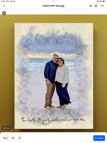 Customer's Personalized photo Painting of a couple on a beach with a watercolor effect and anniversary text below.