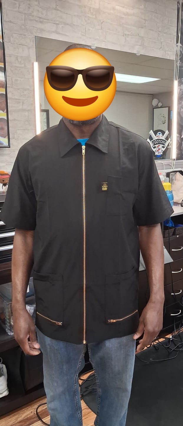 Customer photo review of Barber Jacket – Hair Resistant Lightweight Smock | King Midas (Black)