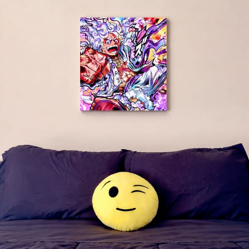Customer's vibrant Luffy Gear 5 Wall Art displayed on a bedroom wall above a bed.