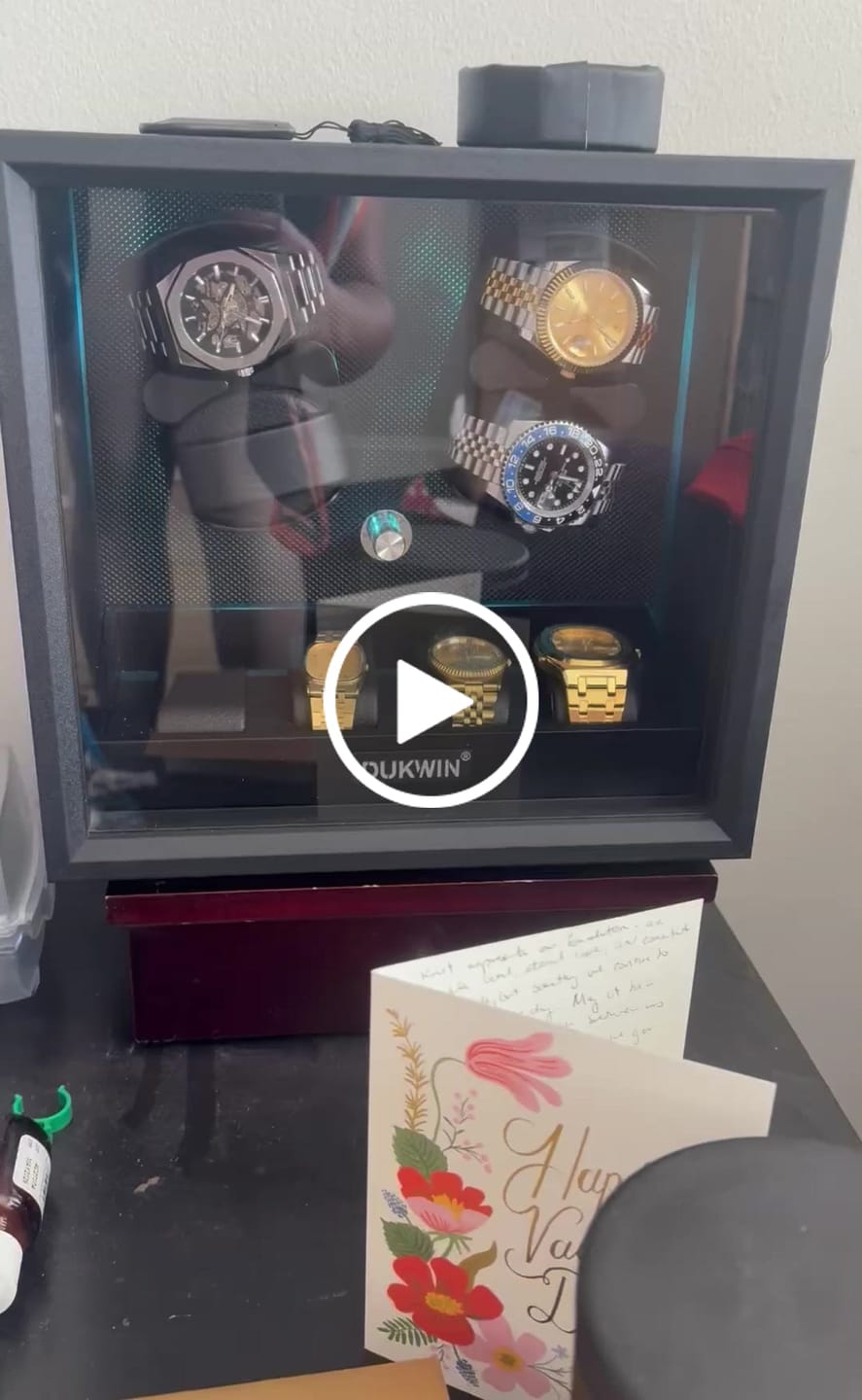 Customer video review of Valentine’s Gift - 4 + 4 Watch Winder with Extra Storages Aurora Blue Light Quiet Motors - Black
