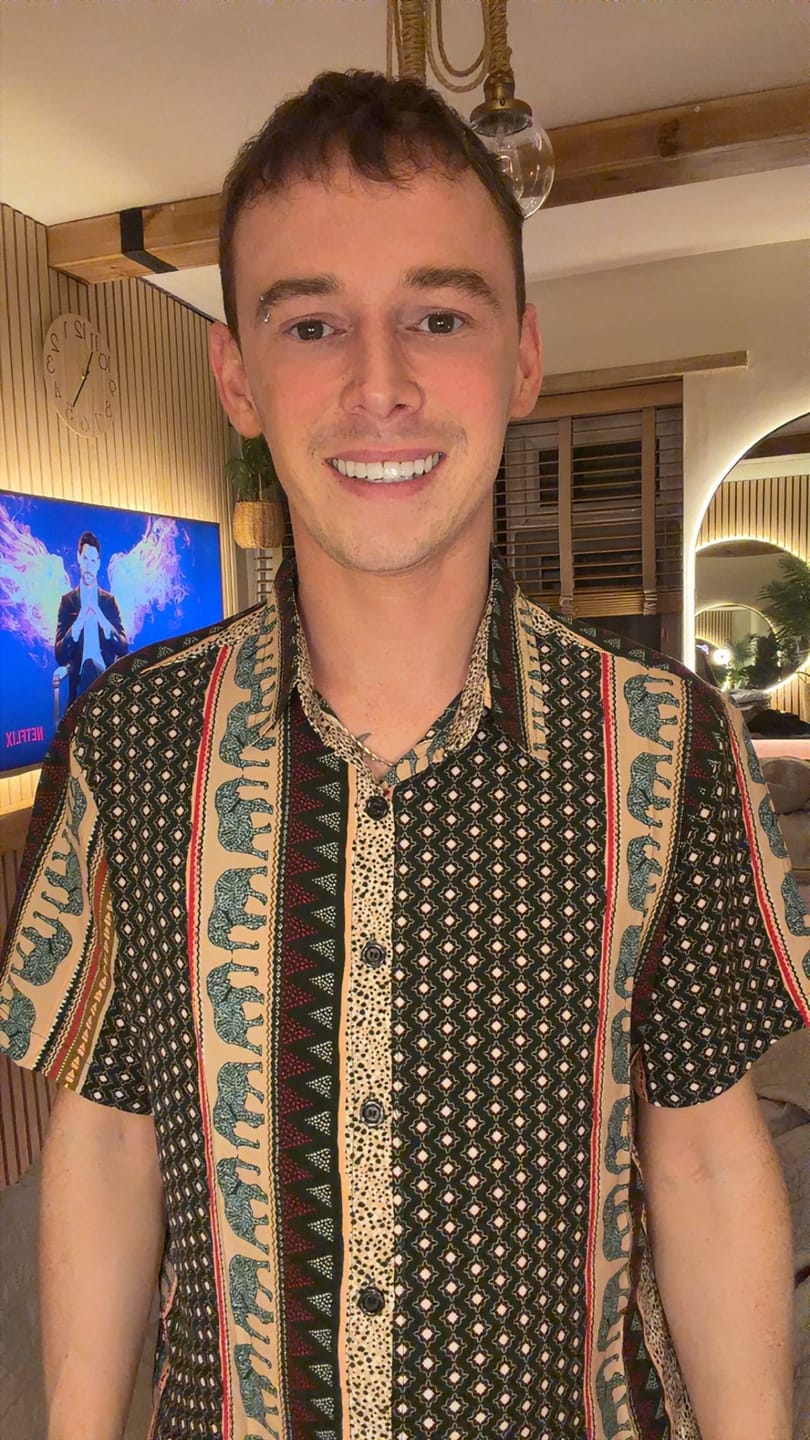 Customer photo review of Men's Striped Elephant Print Retro Button Up Green Top Short Sleeve Shirt