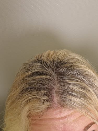 Close-up of a reviewer's blonde hair showing roots lightened by the Sunkissed Starter Kit.