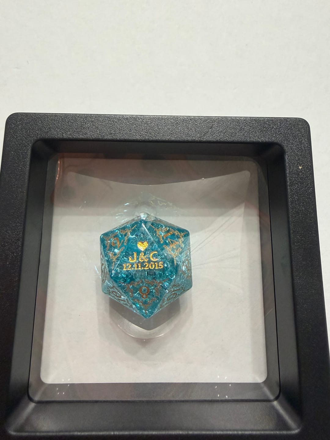 Customer photo review of Custom Anniversary D20 Dice – Personalized D&D Gift