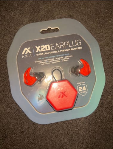 Customer's Blaze Orange X20 Earplugs and case shown inside the original retail packaging.