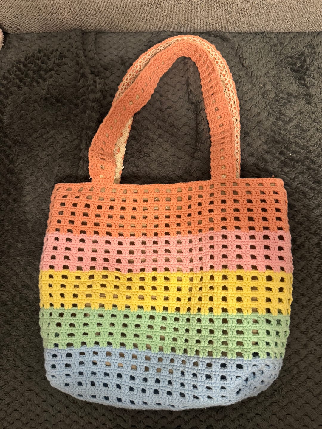 Customer photo review of CrochetPark™ Rainbow Waffle Tote crochet kit