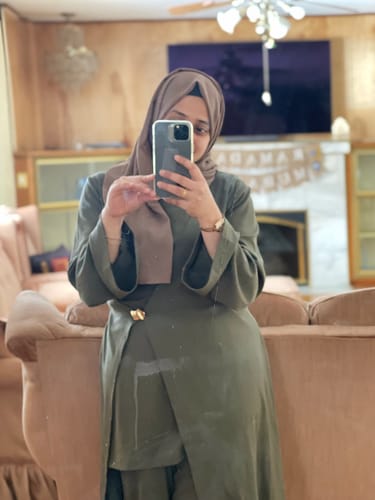 Customer photo review of Gold Accent Wrap Top - Evergreen L