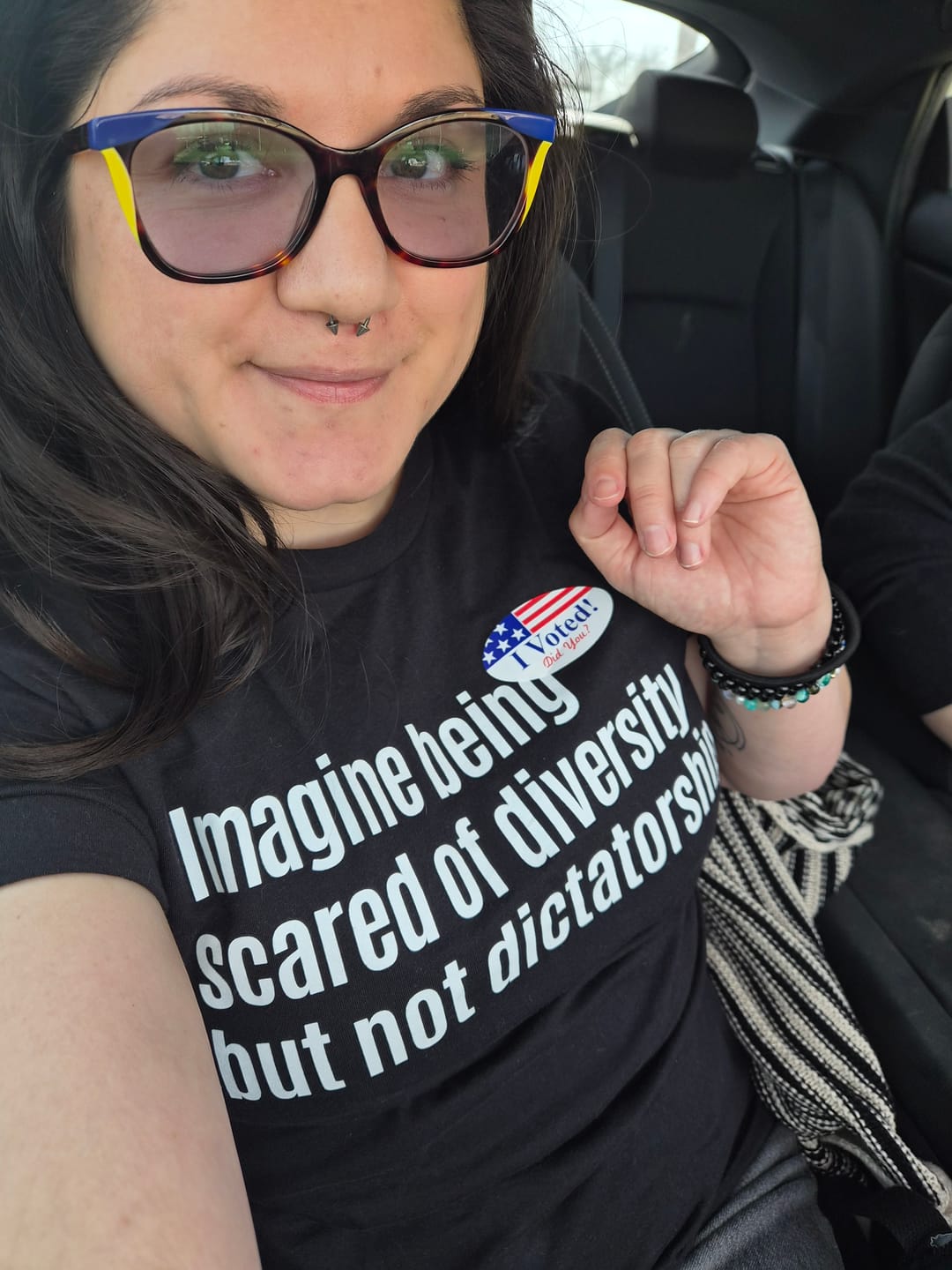 Customer photo review of Imagine Being Scared of Diversity But Not Dictatorship Unisex Tee