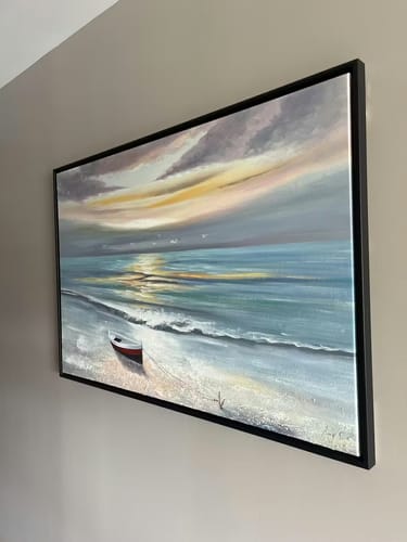 Customer photo review of Castaway-Tranquil Beach Sunset Oil Painting: Nautical Small Boat Coastal Wall Art