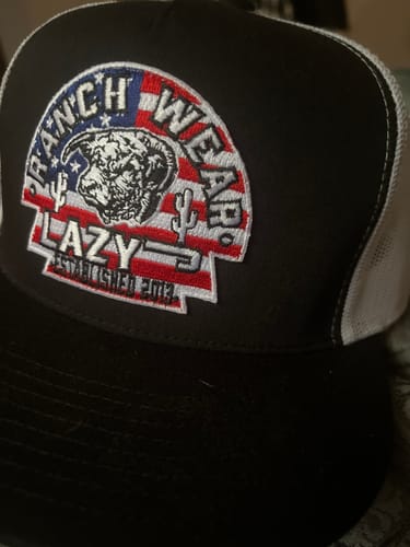 Customer photo review of Lazy J Ranch Black & White USA Arrowhead Classic Five Panel Trucker Hat