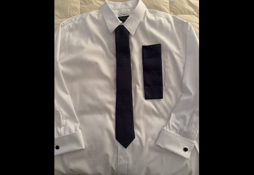 Customer photo review of Ties2you Navy Blue Tie Mens Plaid Silk Necktie Pocket Square Cufflinks Set for Business