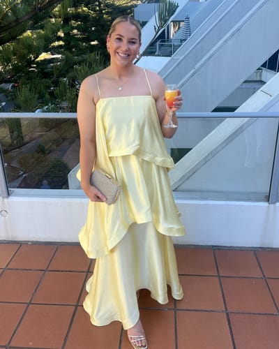 Customer photo review of Soft and Smooth Satin Tiered Slip Square Neck A-line Maxi Dress