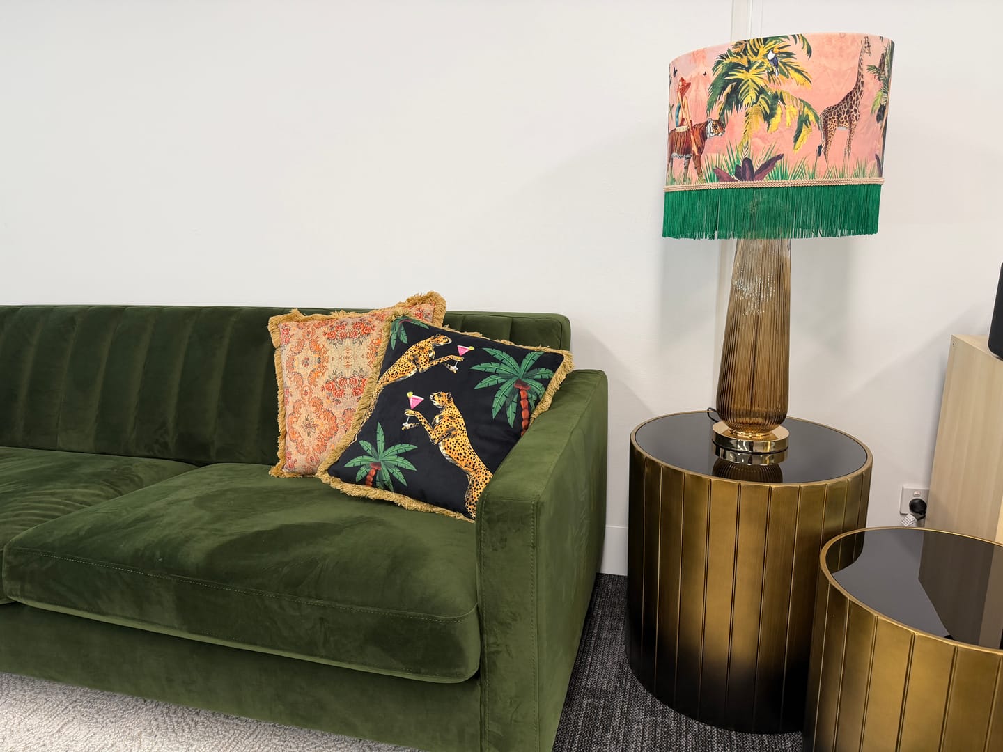 Customer photo review of Queen K Jungle Walk Pink Fringed Drum Lampshade