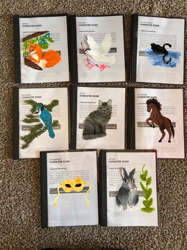 Customer's decorated character guides for the Masquerade Murder Mystery Game, showing various animal characters like a fox and cat.