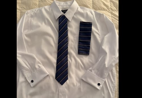 Customer photo review of Ties2you Silk Tie Yale Blue Red Striped Mens Dress Tie Pocket Square Cufflinks Set for Formal