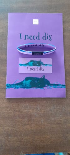 Customer's I Need Dis Bracelet shown with its purple, cat-themed packaging on a wooden table.