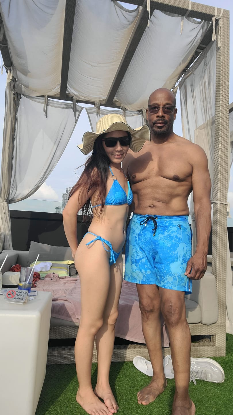 Customer photo review of Splatter Swim Shorts Blue - 5"