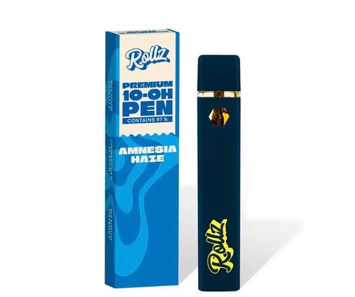 Customer's dark blue ROLLZ THCA Vape pen standing next to its blue 'Amnesia Haze' packaging.