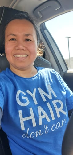 Customer photo review of Gym Hair Don't Care T-Shirt