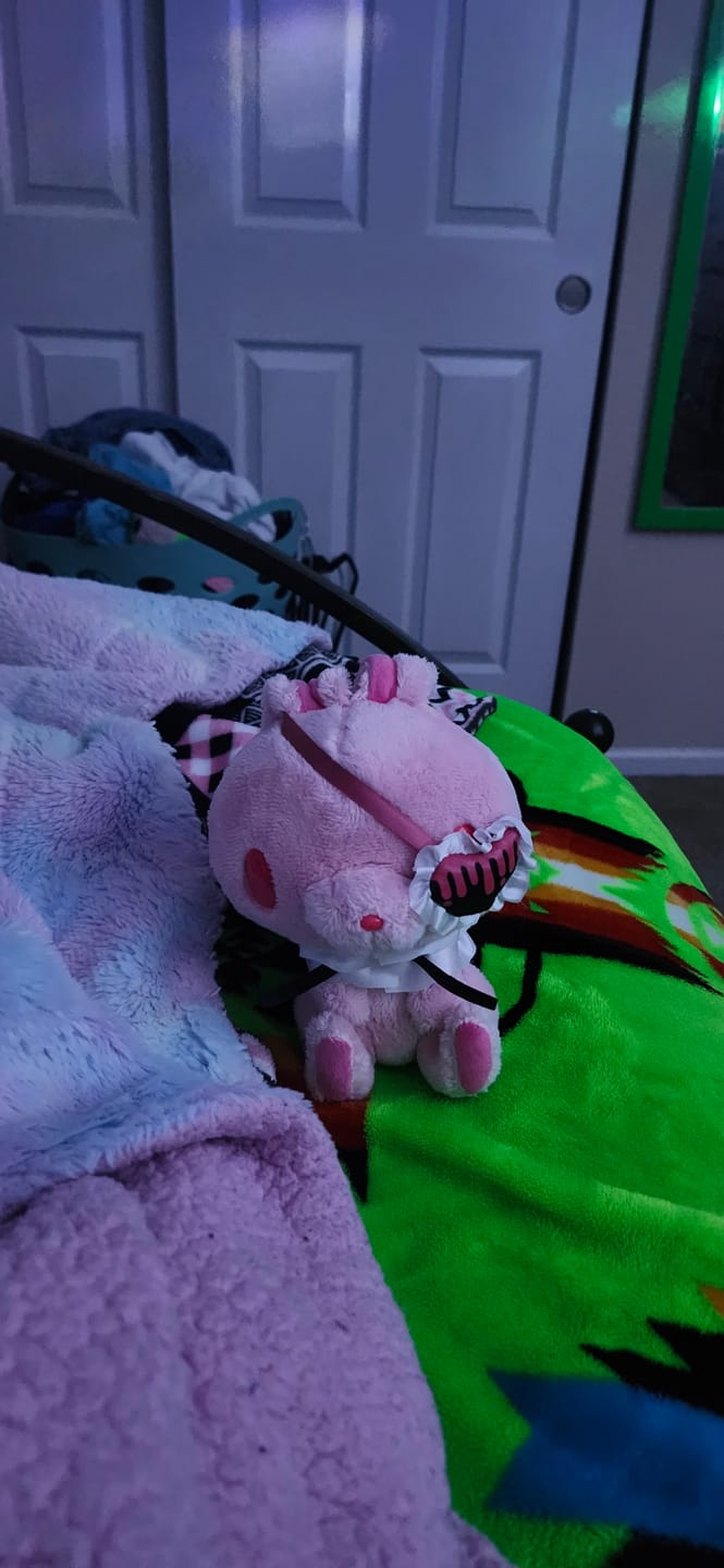 Customer photo review of Gloomy Eye Patch Palm-Sized Sitting Plush (Pink)