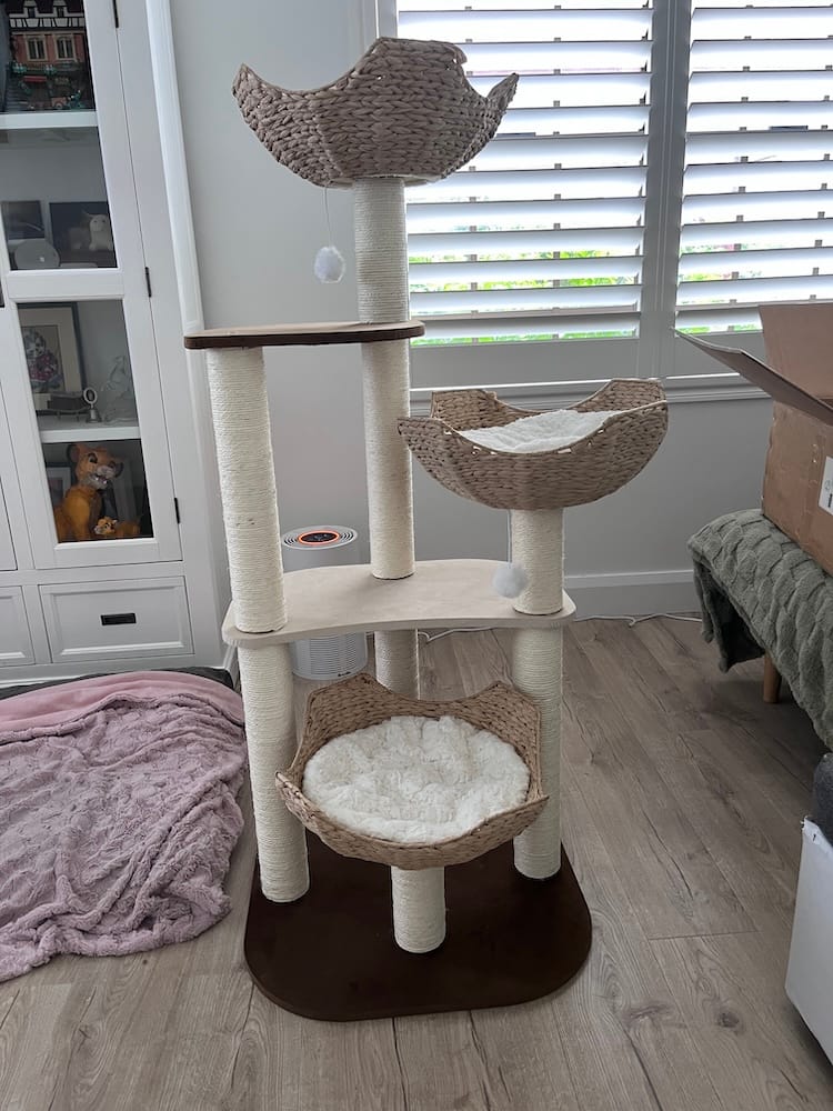 Customer photo review of Woven Rattan Multi-Level Cat Tree (K903) – 6 Tiers with Full Sisal Posts & Multi-Beds