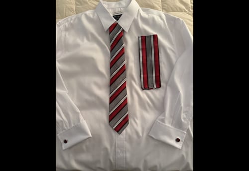 Customer photo review of Ties2you Mens Formal Silk Tie Red Silver Striped Necktie Hanky Cufflinks Set