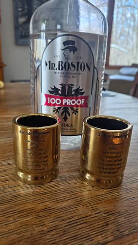 Customer photo review of 2nd Amendment Engraved 50 Caliber Brass Ceramic Shot Glasses - Set of 2
