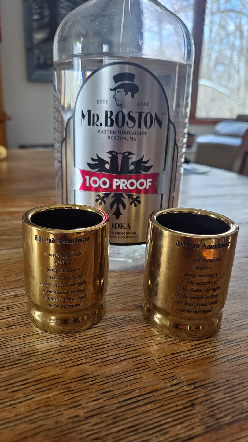 Customer photo review of 2nd Amendment Engraved 50 Caliber Brass Ceramic Shot Glasses - Set of 2