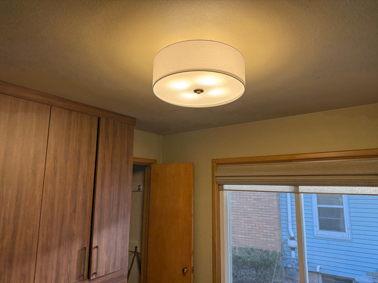 Customer photo review of 4-Light White Linen Round Drum Semi Flush Mount