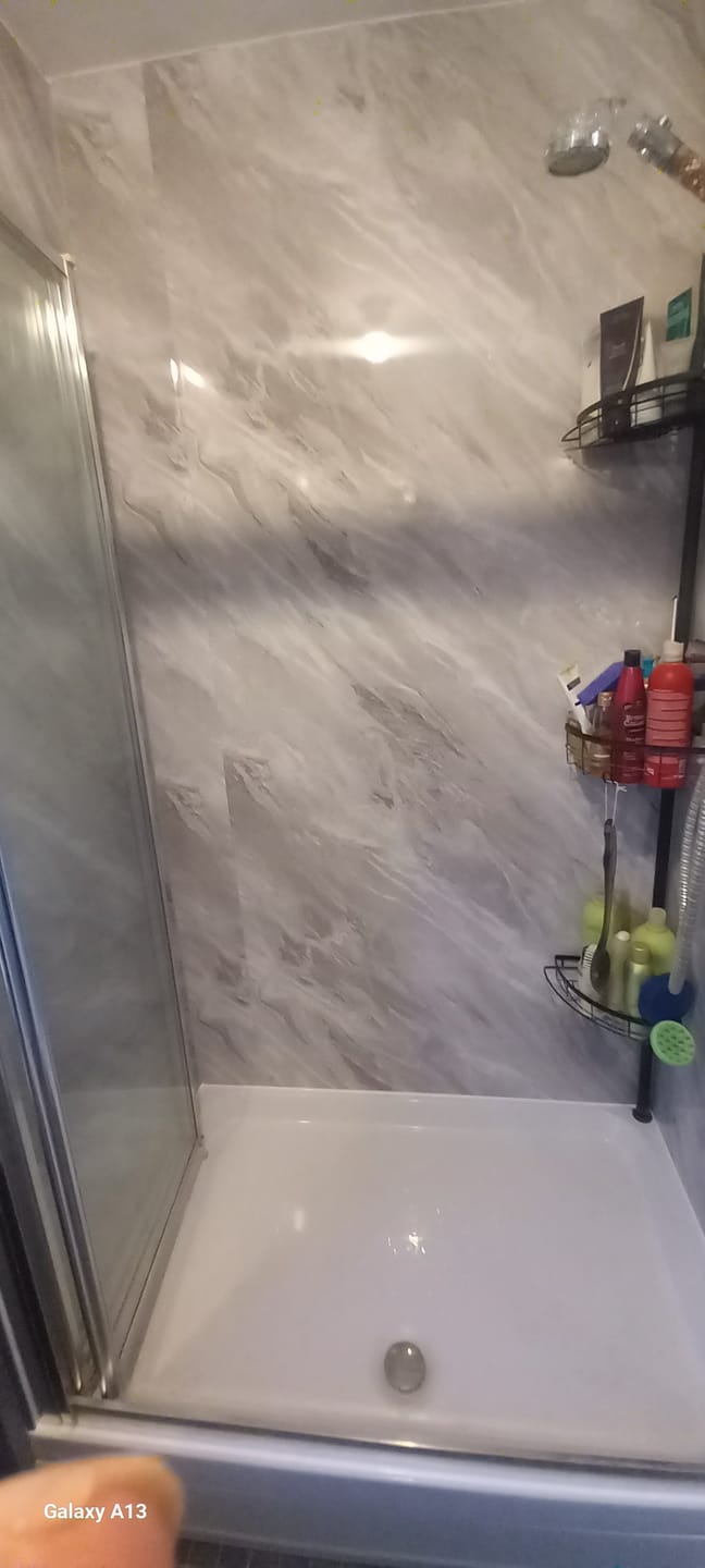 Customer photo review of 10mm Light Grey Marble Gloss Shower Panel 1M x 2.4M