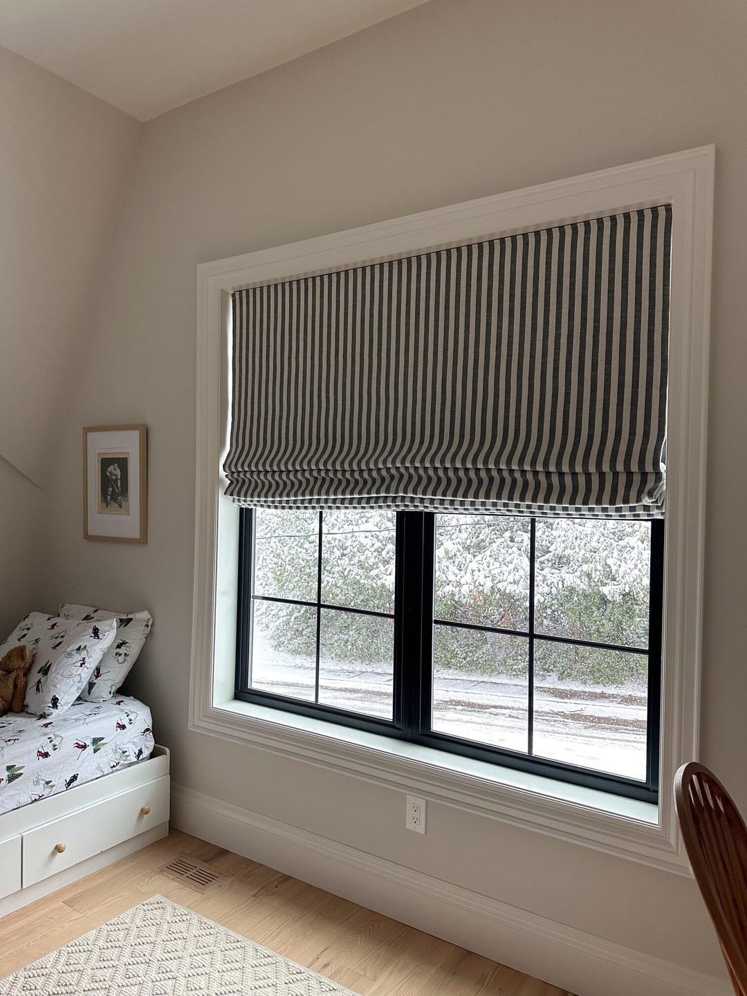 Customer photo review of Milano Flat Fold Linen Blend Striped Custom Roman Shade